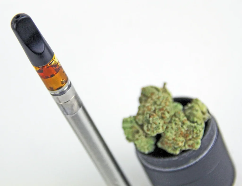 Close-up of a metal cannabis oil pen next to dried cannabis buds, illustrating vaping products and concentrates derived from cannabis oil pens.
