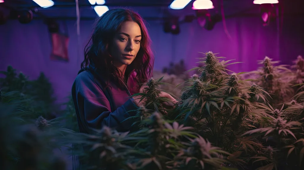 Woman examining cannabis plants under purple grow lights, representing research and cultivation of cannabis for sleep improvement.