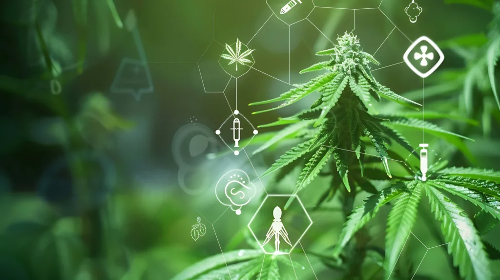 A close-up of a cannabis plant with medical research icons overlaid, illustrating scientific factors that influence “How Long for Cannabis to Leave the System?”