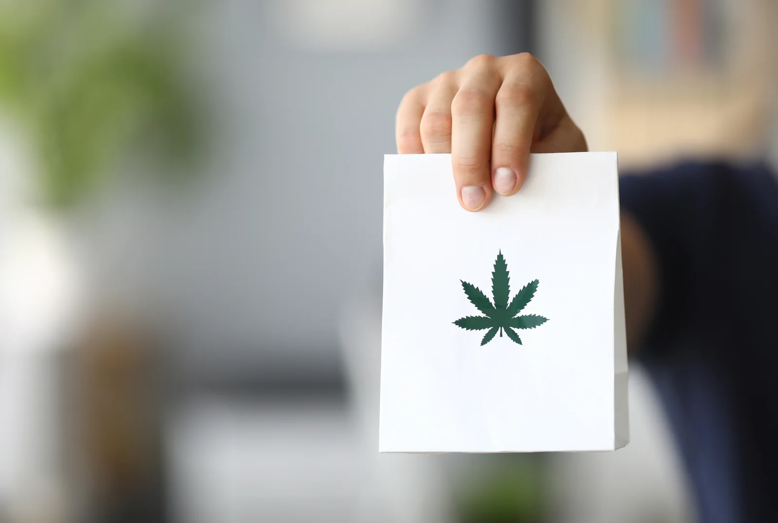 A hand holding a white paper bag marked with a cannabis leaf, symbolizing access and delivery advantages tied to cannabis card benefits.