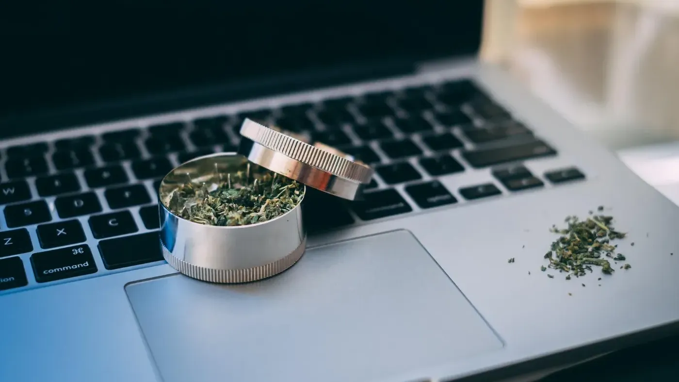 cannabis grinder on laptop