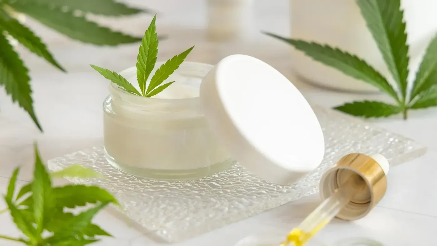 CBD cream jar with cannabis leaves