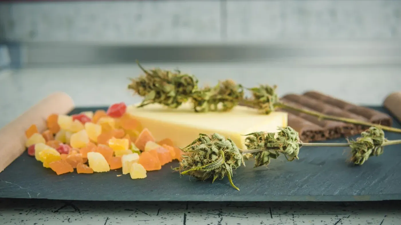 Cannabis edibles prep with butter and buds