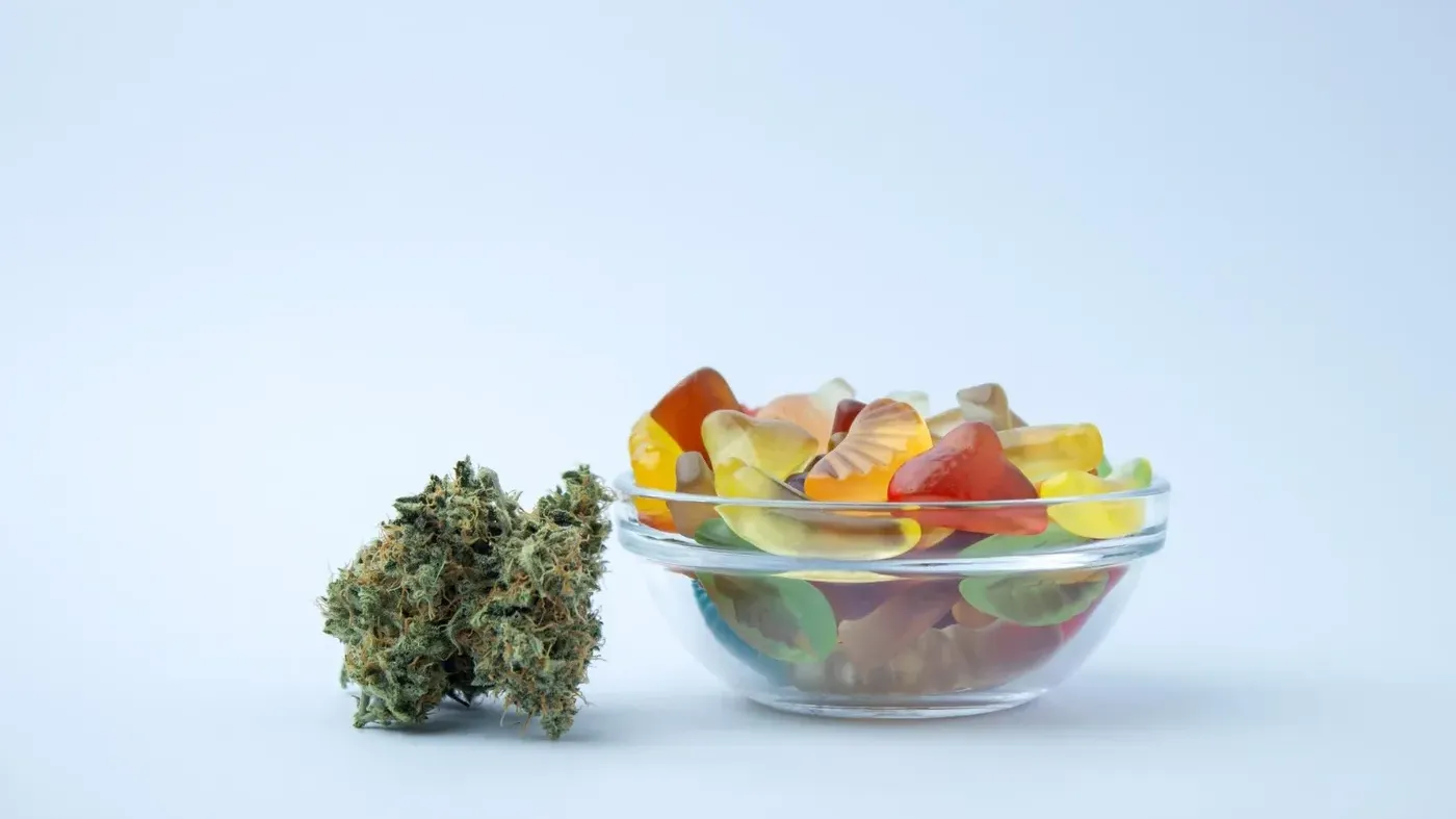 Glass bowl of colorful cannabis gummies